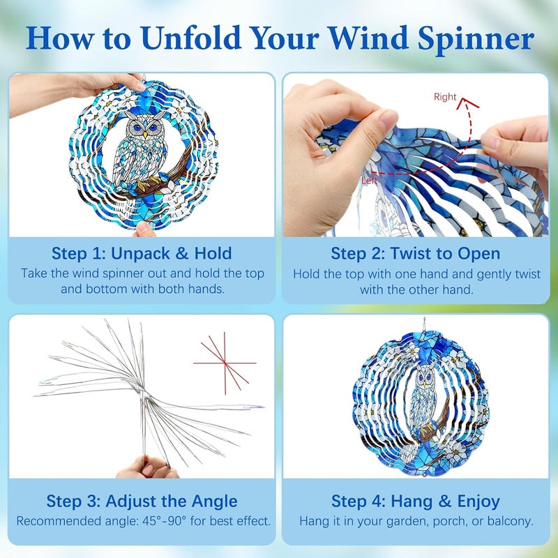 WAZZIO Owl Wind Spinners Outdoor, Owl Gifts for Women Men Wife Mom Husband Dad Grandpa, Hanging Wind Sculptures Spinners for Christmas, 12 inch Outdoor Indoor Hanging Ornament for Garden Porch - Image 4